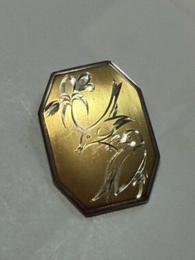 Gorham Floral Bird Engraved Gold-Tone Octagon Brooch